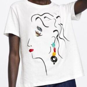 Zara t-shirt with face and beaded accents Sz S